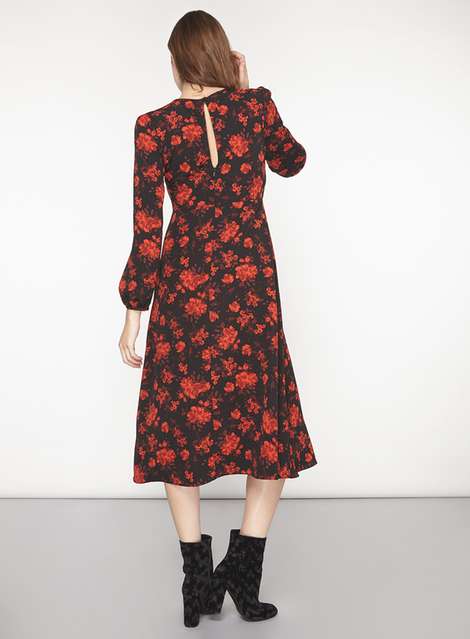 Red Floral Long Sleeve Midi Dress